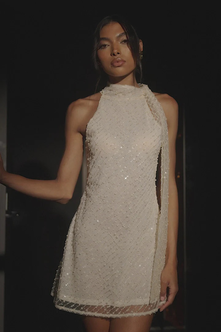 Aubriella Sequin Halter Mini Dress With Tie - Buttercream | MESHKI US