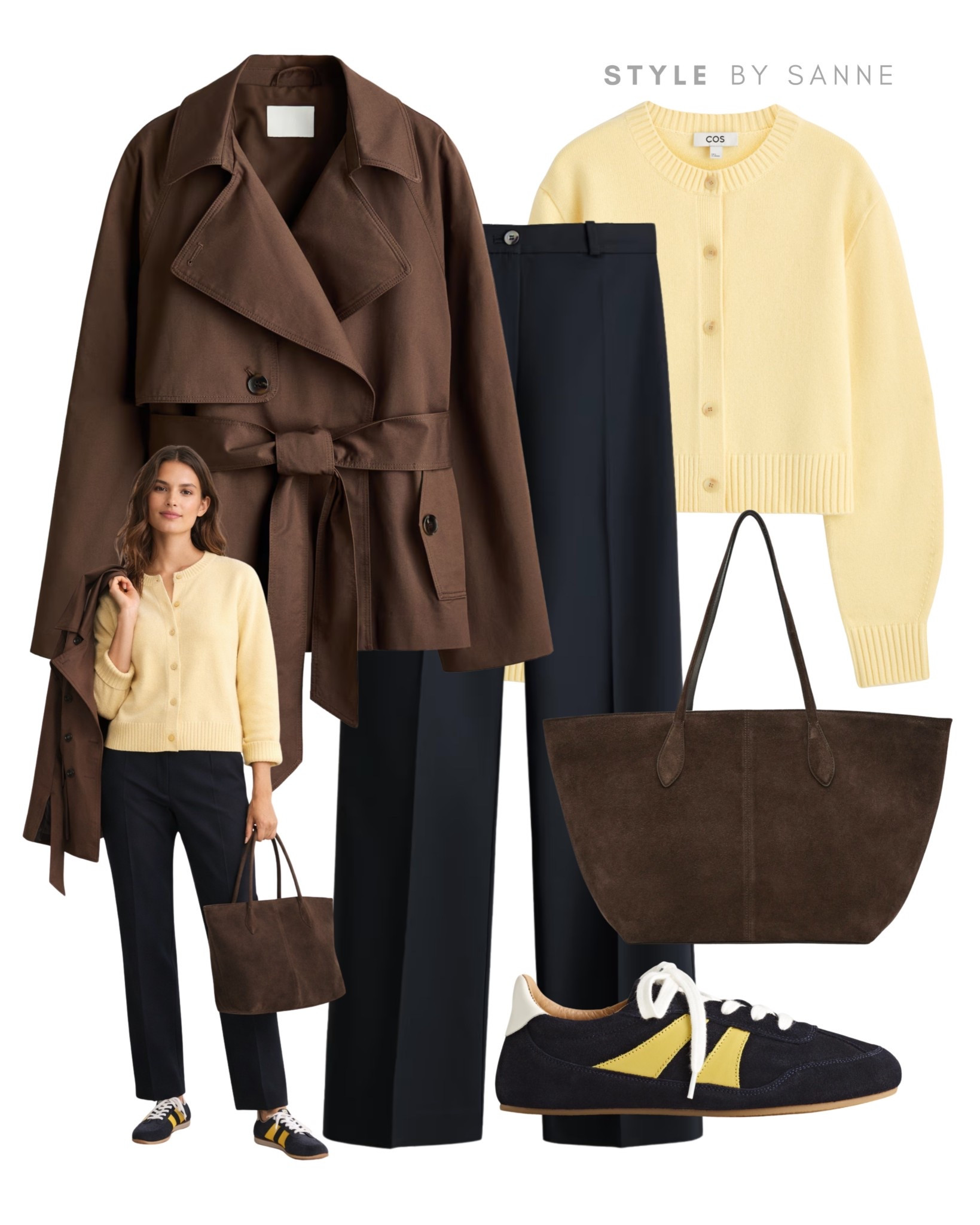 Rich brown trench layered over a soft yellow cardigan with tailored navy trousers, balanced with a suede tote and retro sneakers for an effortless chic feel.💛

#LTKstyletip #LTKworkwear #LTKspring