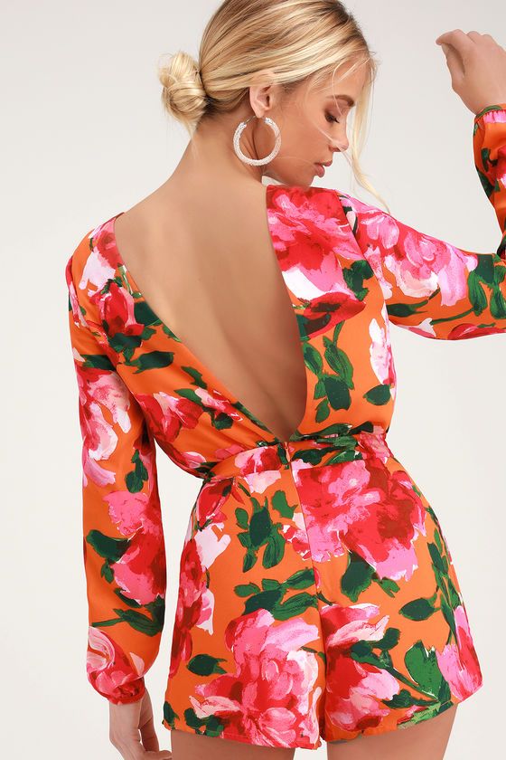 Sweetest Song Orange Floral Print Backless Long Sleeve Romper | Lulus (US)