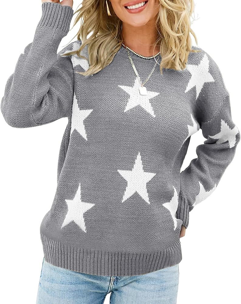 ebossy Women's Sweet Cute Star Graphic Long Sleeve Artistic Aesthetic Cable Knit Sweater Pullover... | Amazon (US)