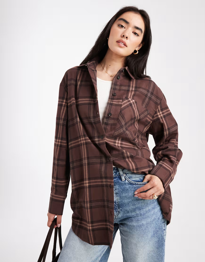 ONLY oversized plaid flannel shirt in brown | ASOS (Global)