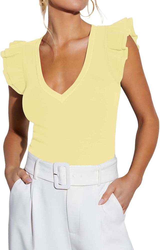 Ezbelle Women's Summer Sleeveless Tops V Neck Ruffle Shirts Ribbed Knit Tank Top Sexy Blouse Ladi... | Amazon (US)