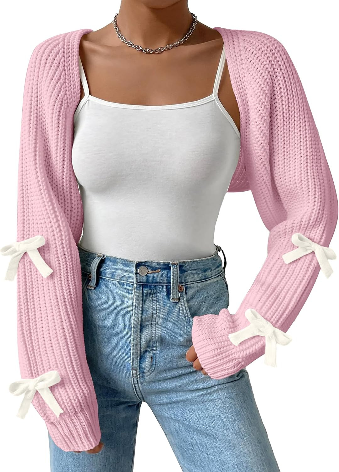 Women's Long Sleeve Open Front Knitted Crop Bow Cardigan Drop Shoulder Knit Bolero Shrug Sweater | Amazon (US)