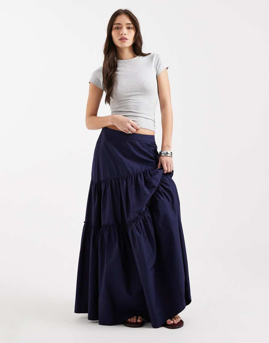 ASOS DESIGN asymmetric tiered boho maxi skirt in navy-Black | ASOS (Global)