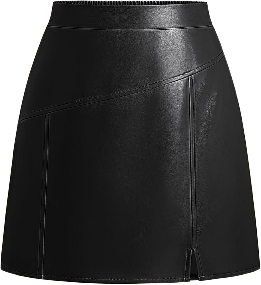 Kate Kasin Women Faux Leather Mini Skirt High Waisted A Line Short Skirt with Slit for Casual Wor... | Amazon (US)