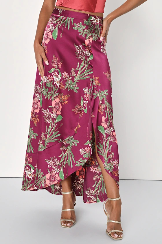 Superbly Stunning Plum Purple Floral Print Satin Maxi Skirt | Lulus (US)