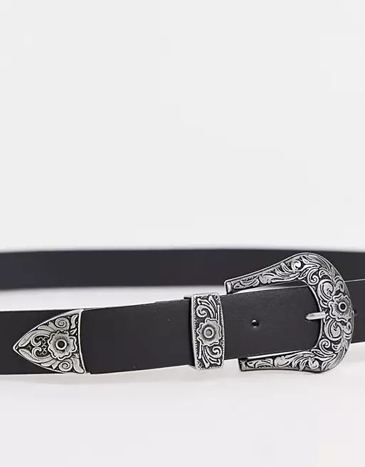 ASOS DESIGN Curve antique silver western waist and hip belt in black | ASOS (Global)