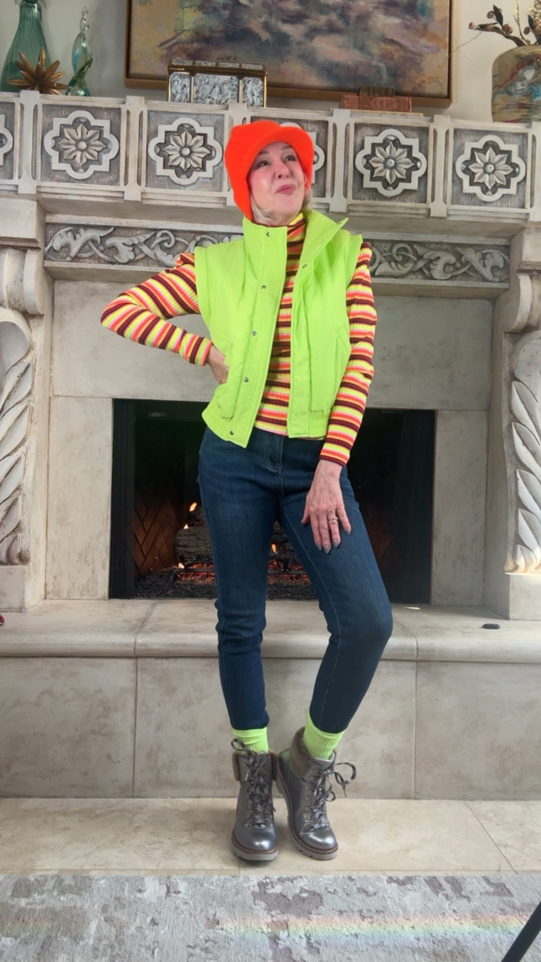 Winter Fleece Lined Jeans Slim Fit Warm Skinny High Waist Denim Jean
Stripe long sleeve top
Lime green puffer vest. Comes in many colors
Multi color socks
Silver leather lace up booties
Orange knit hunting cap with bill and ear covers 
Cold weather clothing 

#LTKSeasonal #LTKOver40 #LTKFindsUnder50