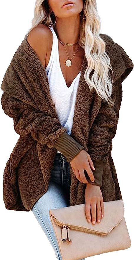 Dokotoo Womens Casual Solid Cozy Warm Ladies Fuzzy Winter Fashion 2022 Open Front Long Sleeve Fle... | Amazon (US)