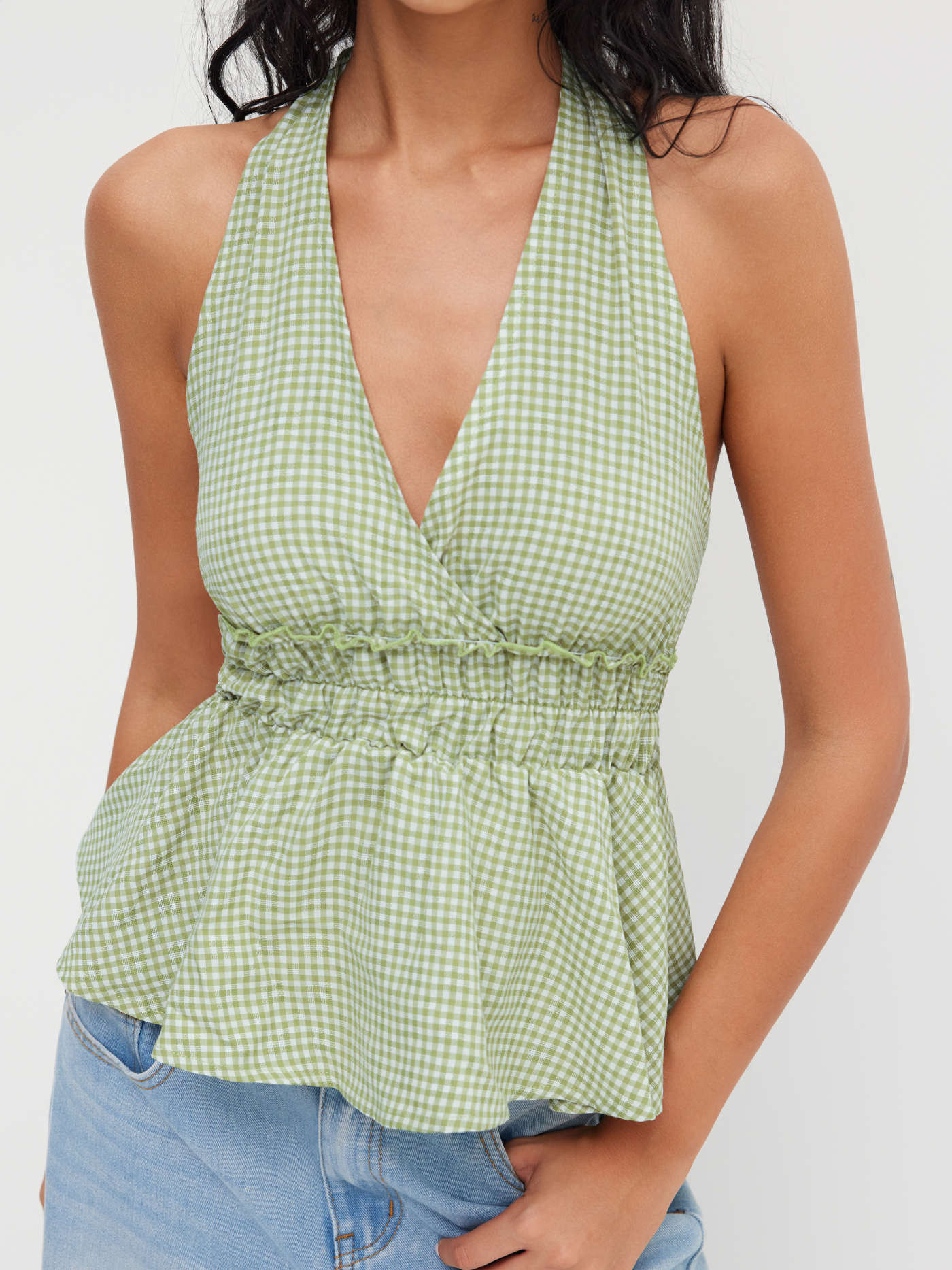 Woven Cotton-blend Halter Neckline Gingham Ruffle Hem Top For Daily Casual | Cider