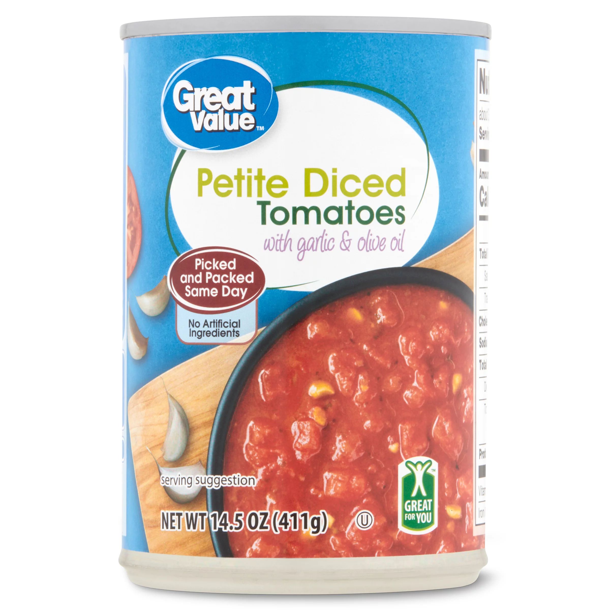 Great Value Petite Diced Tomatoes With Garlic & Olive Oil, 14.5 Oz | Walmart (US)