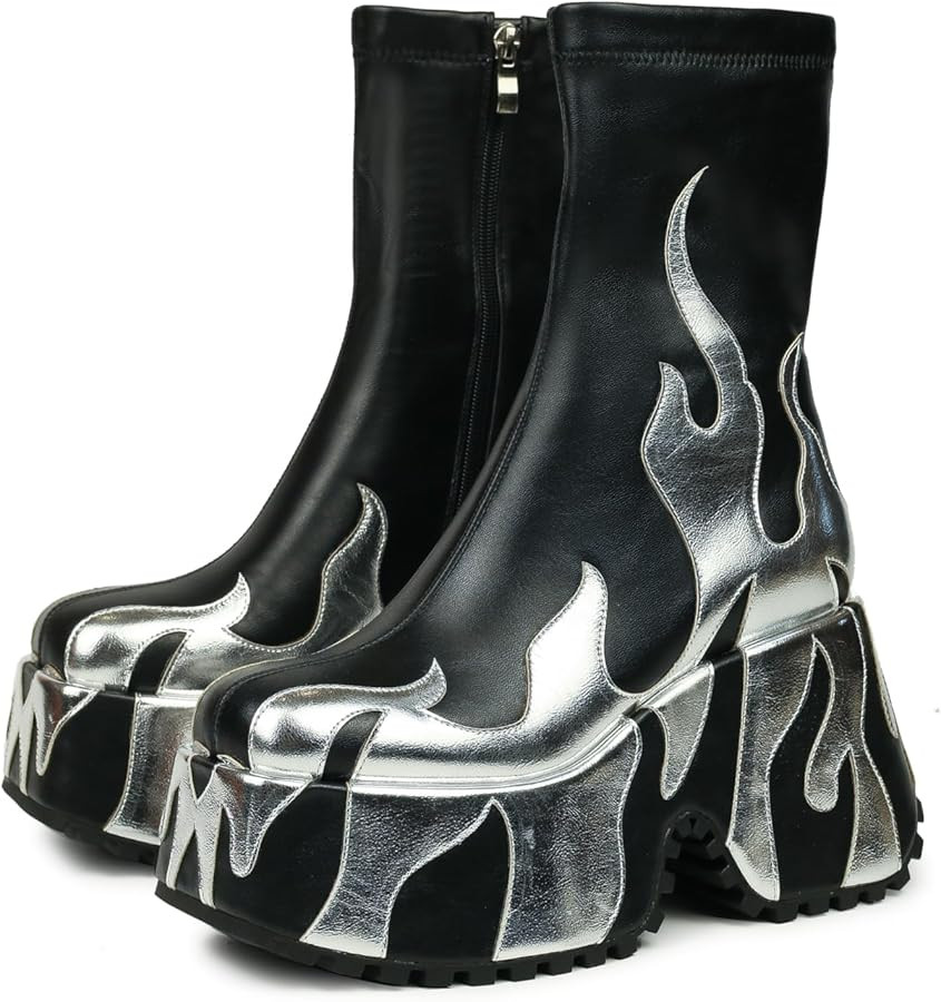 HiColor Women's Red Flames Printing Chunky Sole Boots, Ankle-High, Zipper Closure, Round Toe, Pla... | Amazon (US)