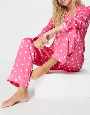 Chelsea Peers premium satin spot printed long revere pajama set in pink | ASOS (Global)