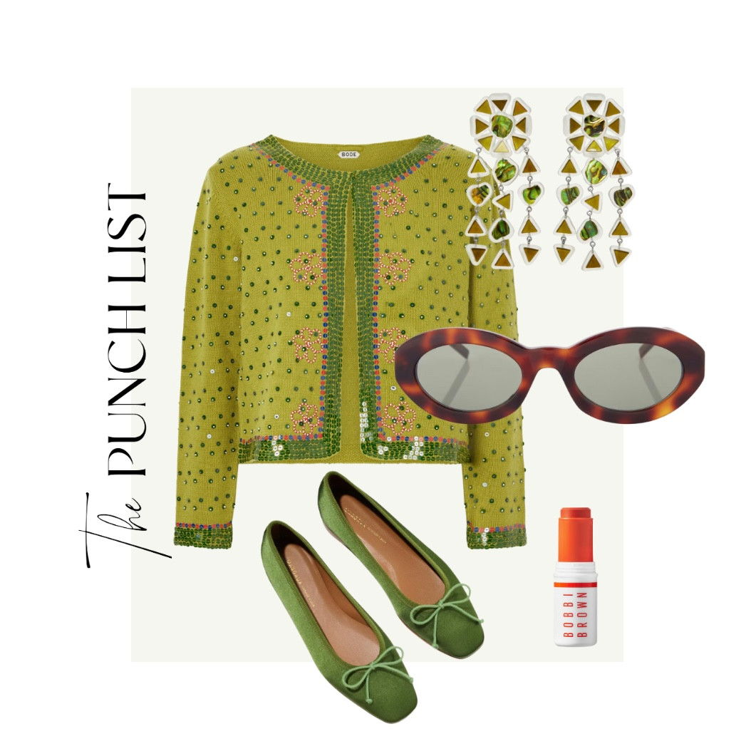 THE PUNCH LIST 🌿🤎

Bode lime green cardigan, Tory Burch earrings, tortoise sunglasses, striped beanie, satin ballet flats and more. 

 
