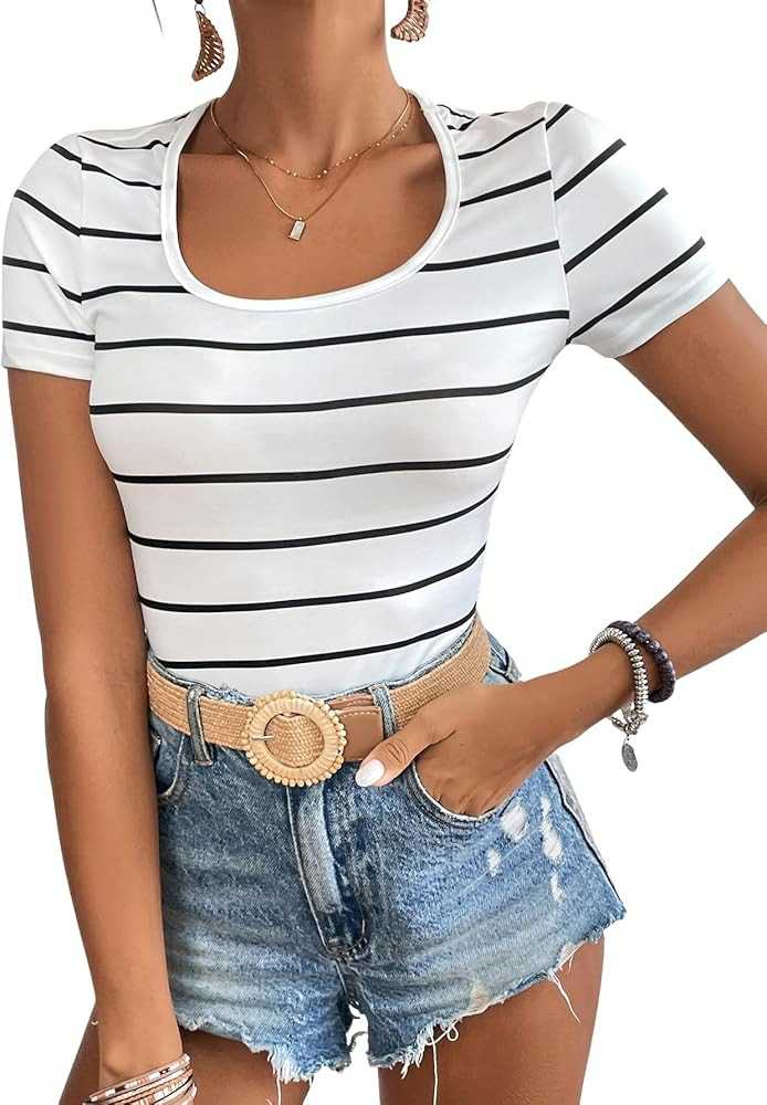 SOLY HUX Women's Striped T Shirt Scoop Neck Short Sleeve Summer Tee Tops | Amazon (US)