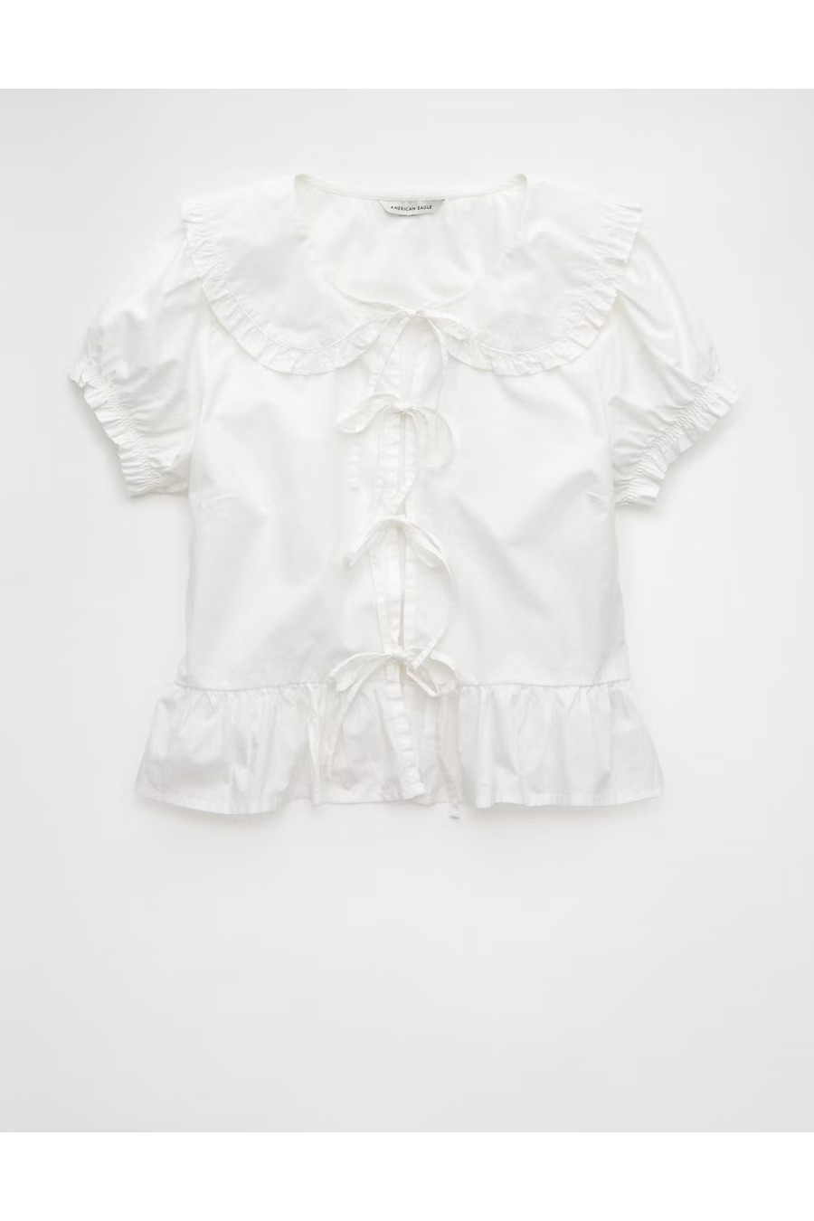 AE Collared Puff Sleeve Tie Front Blouse Women's White S | American Eagle Outfitters (US & CA)