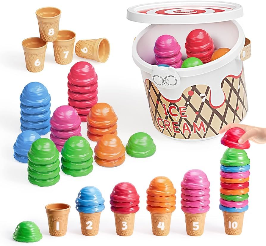 Ice Cream Counting and Color Sorting Set for Toddlers and Kids- 65 Pieces, Montessori Stacking Fi... | Amazon (US)