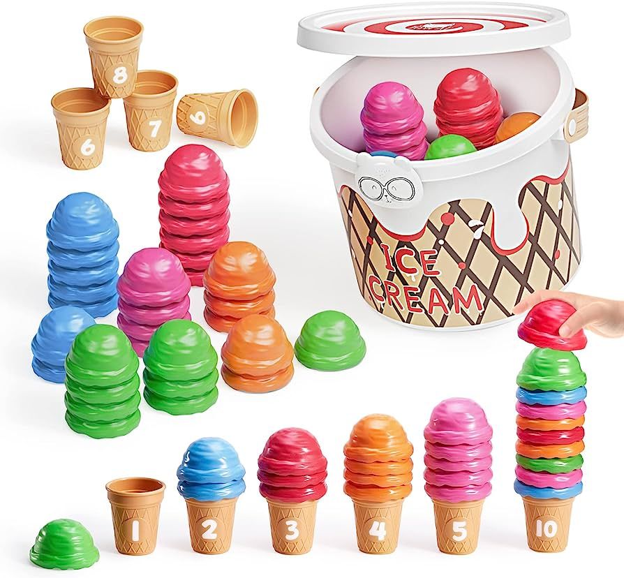 Ice Cream Counting and Color Sorting Set for Toddlers and Kids- 65 Pieces, Montessori Stacking Fi... | Amazon (US)