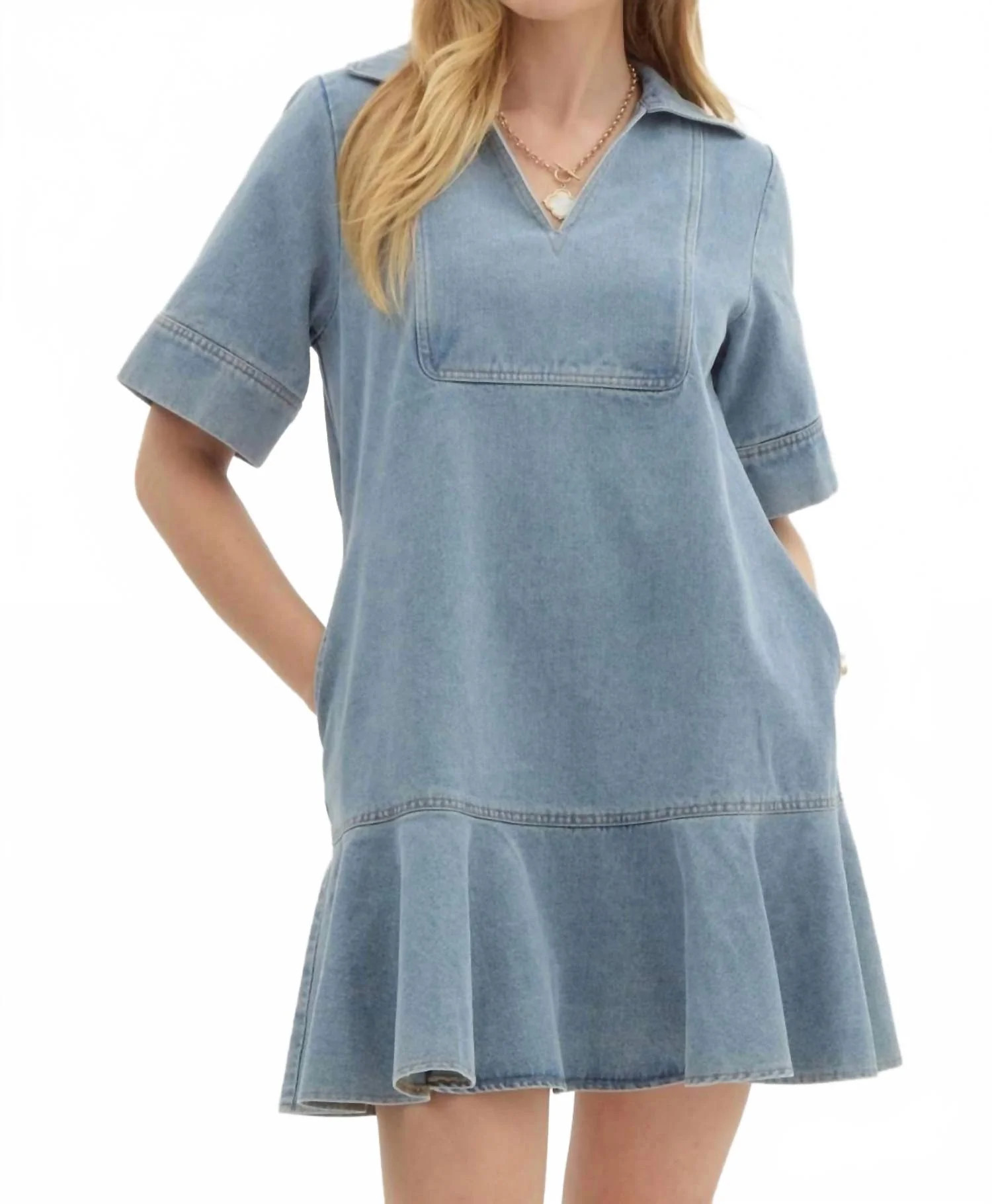 Denim V-Neck Ruffled Mini Dress In Blue | Shop Simon