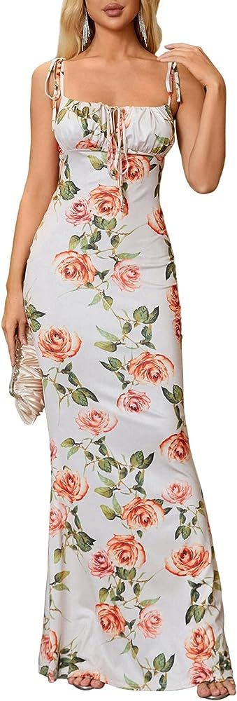Women's Summer Floral Bodycon Maxi Dress Spaghetti Strap Sleeveless Boho Long Dresses | Amazon (US)