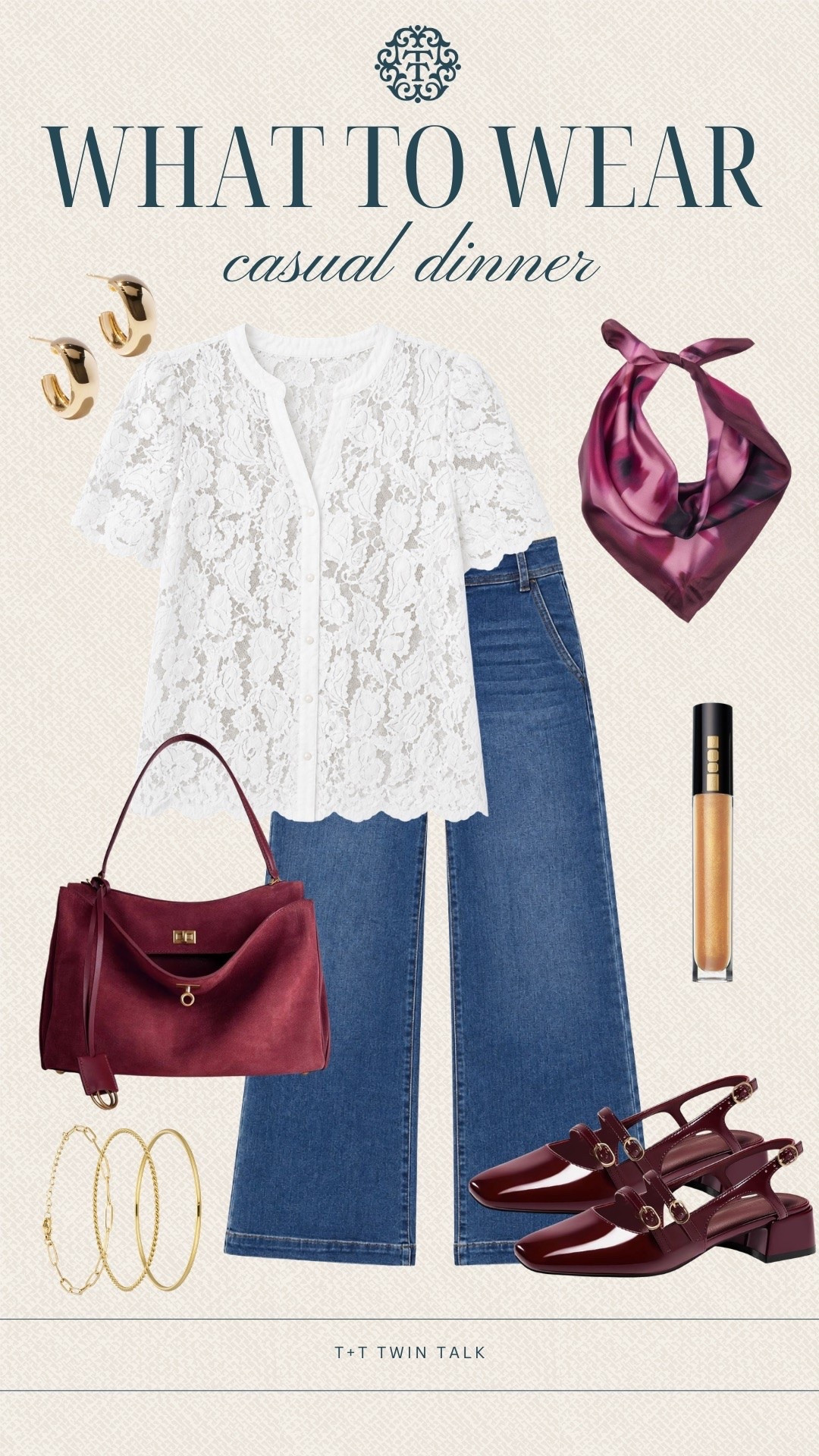 T+T, what to wear! An Amazon lace top with Avara jeans makes a cute outfit for casual dinner, date night, or weekend plans. Add the Amazon bag and burgundy accessories to bring the whole look together.

#LTKSeasonal #LTKOver40 #LTKMidsize