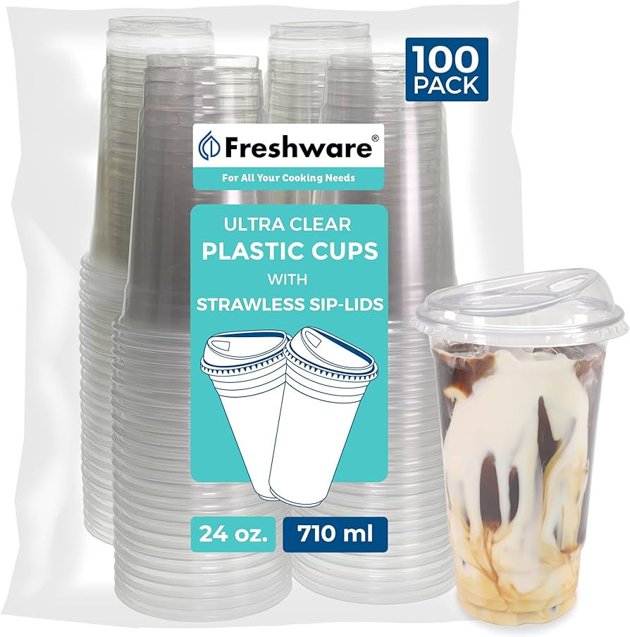 Freshware 24 oz Clear Disposable Plastic Cups with Strawless Sip Lids, 100 Pack Clear Plastic Cup... | Amazon (US)