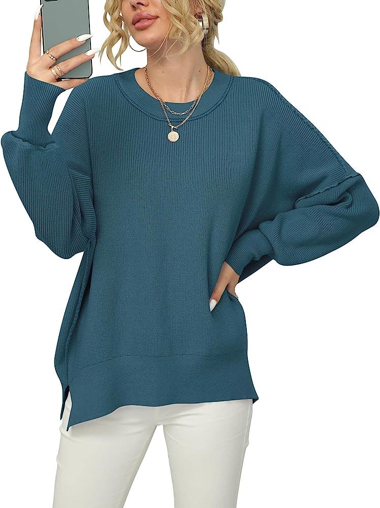 Prinbara Women's Long Sleeve Oversized Crew Neck Solid Color Side Slit Knit Pullover Sweater Tops | Amazon (US)