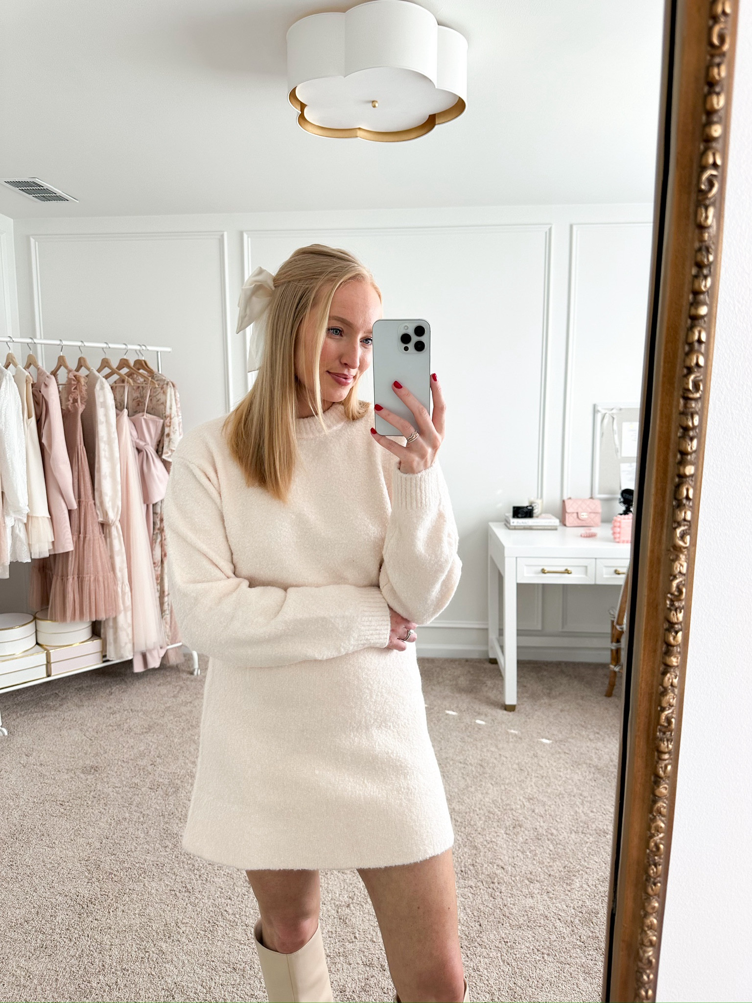 Knit Sweater 
A- Line Skirt
Knee High Boots