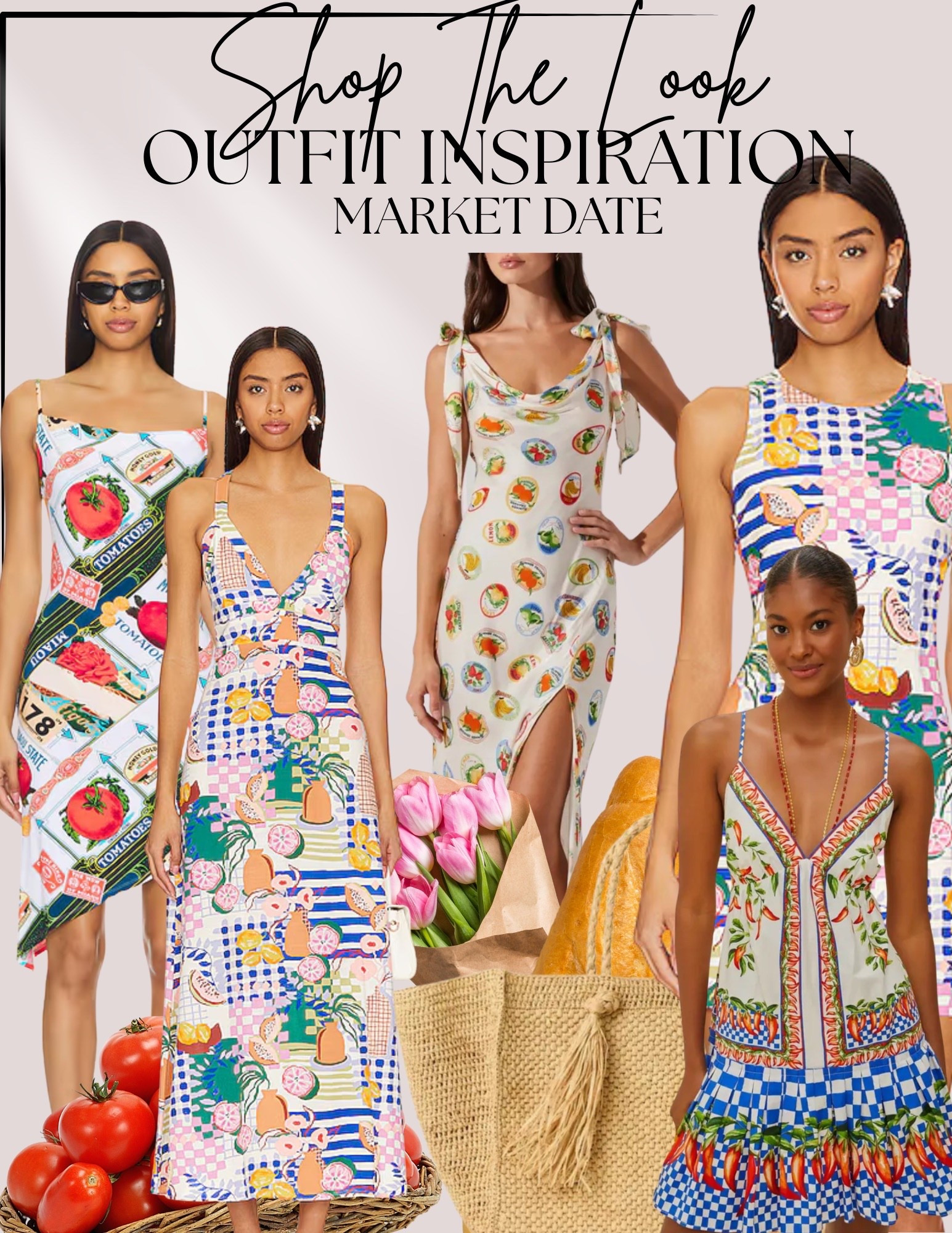 Casual day at the market shopping outfit. Food print dress. Tomato print dress. Fruit print dress. Pepper print dress. Tropical dress. Vacation destination resort date night outfit.

#LTKTravel #LTKWorkwear #LTKItBag