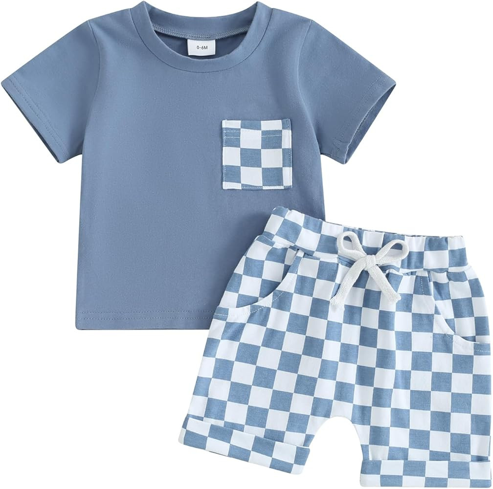 Karuedoo Baby Boy Girl Summer Outfits Checkered Plaid Short Sleeve T-Shirt Top Shorts Set Trendy ... | Amazon (US)