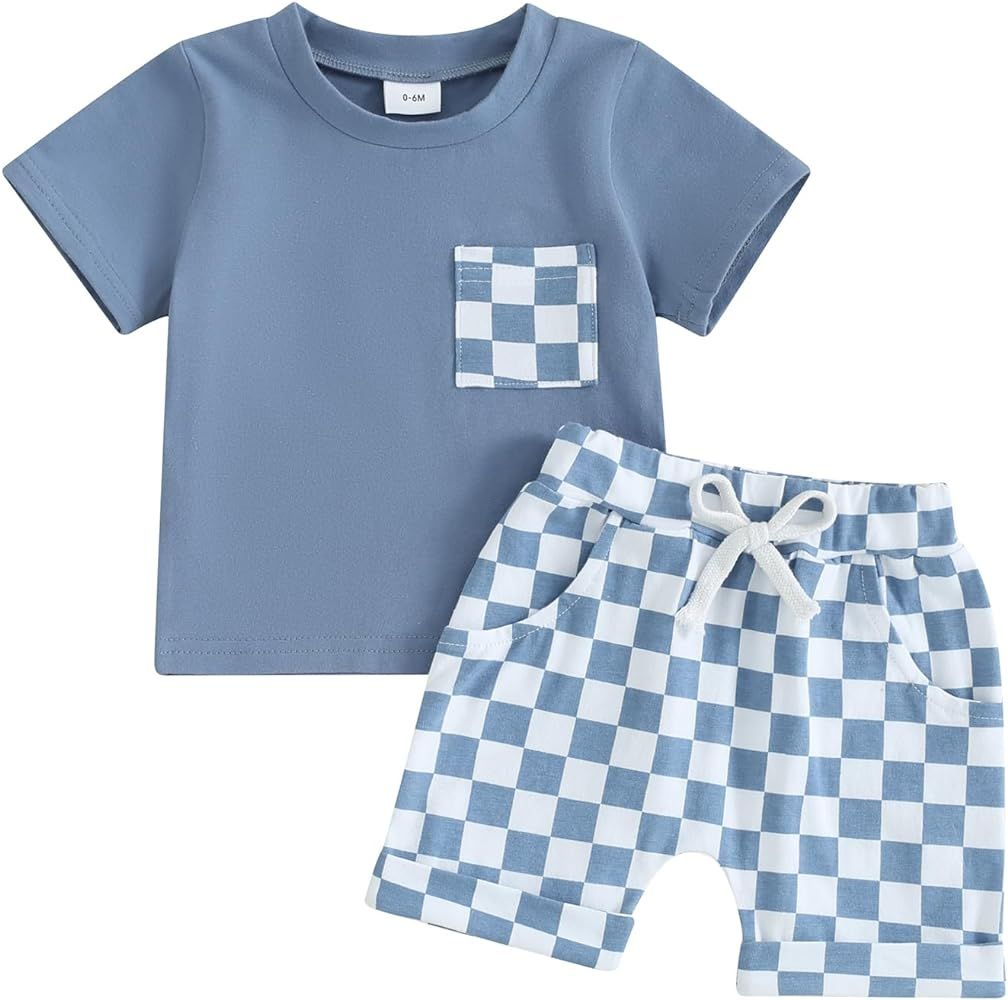 Karuedoo Baby Boy Girl Summer Outfits Checkered Plaid Short Sleeve T-Shirt Top Shorts Set Trendy ... | Amazon (US)
