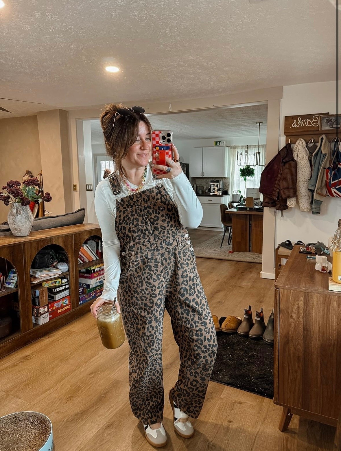Stylish leopard overalls for early spring outfit - perfect for casual wear! I paired it with this colorful beaded necklace and mary jane slip on sneakers. wearing TTS in everything! 5'1 size 8/10.

#LTKootd #LTKSeasonal #LTKMidsize