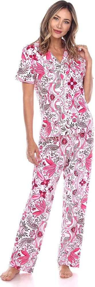 white mark Women's Tropical Short Sleeve Button Up Top with Matching Long Pant Pajama Set | Amazon (US)