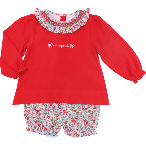Red Corduroy Holiday Floral Smocked Bloomer Set - Shipping Mid November | Cecil and Lou