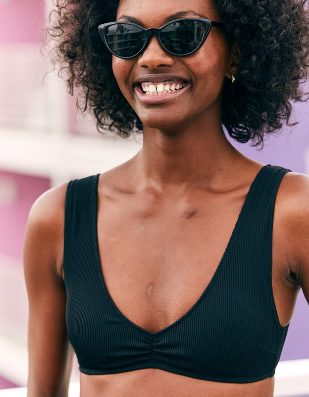 Aerie Ribbed Wide Strap Plunge Bikini Top | American Eagle Outfitters (US & CA)