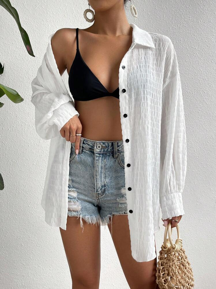 Drop Shoulder Button Front Kimono,Long Sleeve Tops | SHEIN