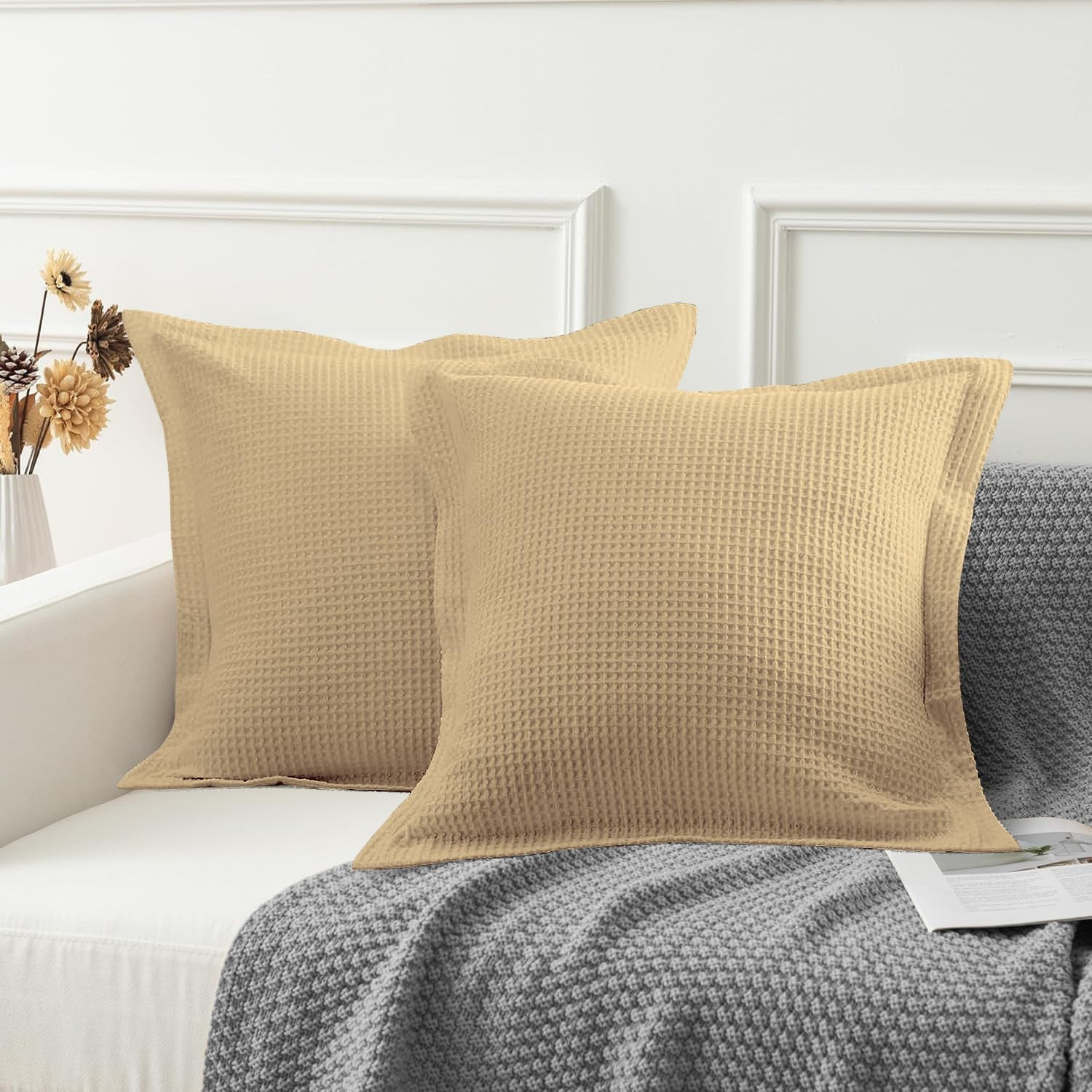 Premium Waffle Weave Euro Pillow Shams Set of 2 Linen 100% Organic Cotton Linen Waffle Weave Pillow Shams with Envelope Closure, Ultra Soft, Cozy & Decorative Pillow Cover, 26 x 26 inch | Amazon (US)
