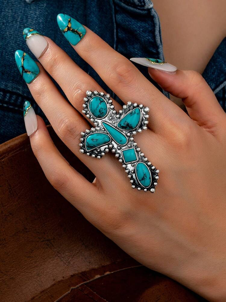 1 Pc Blue Turquoise Stone Decor Cross Ring For Women , Vintage Retro Western Rings Bohemia Boho Jewelry , Cowgirl Style Western Jewelry | SHEIN
