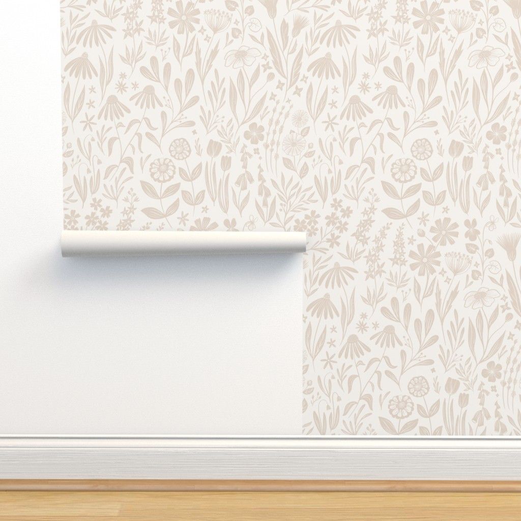 Wildflowers - tan and cream - medium scale Wallpaper bywrittenbykristen | Spoonflower