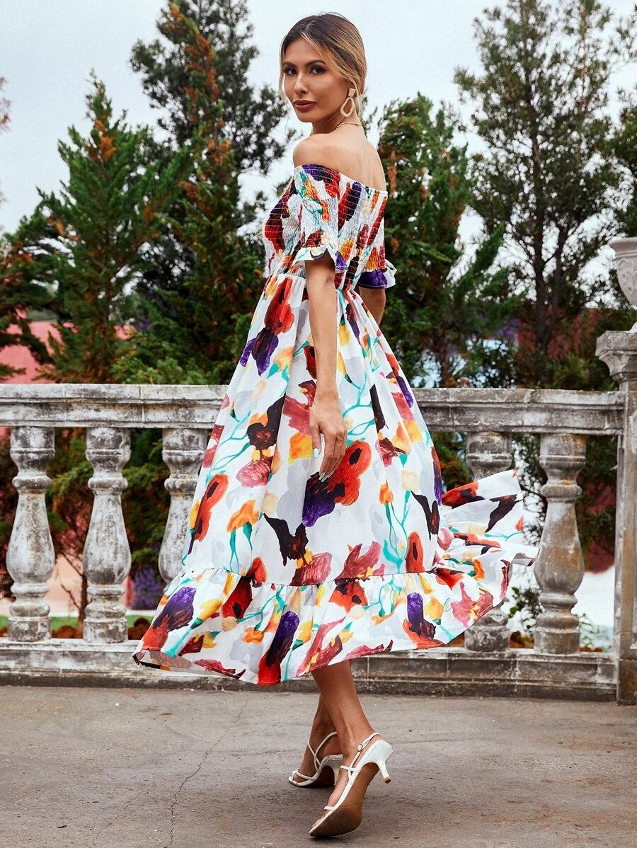 Floral Print Shirred Bardot Dress | SHEIN