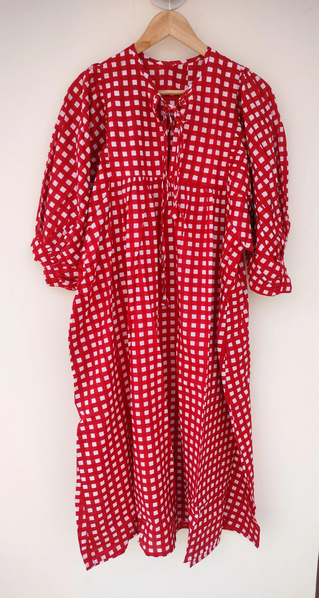 Long Block Print Dress, Deep Neck With String Closer Red Color Midi Dress, Mini Dress, - Etsy | Etsy (US)