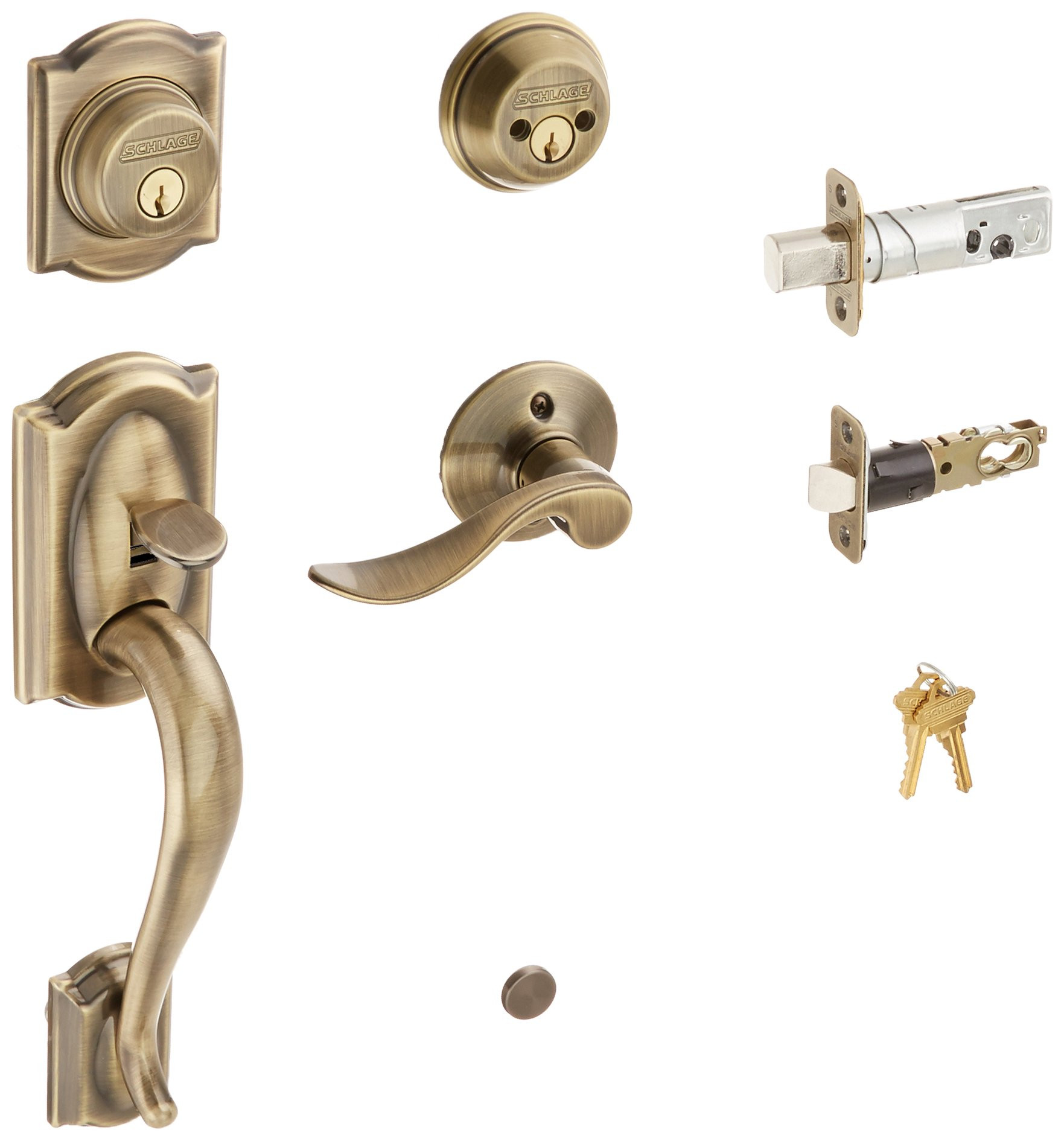 Schlage F62CAM609ACCLH Camelot Handleset Keyed 2-Sides with Accent Left-handed Lever, Antique Bra... | Amazon (US)