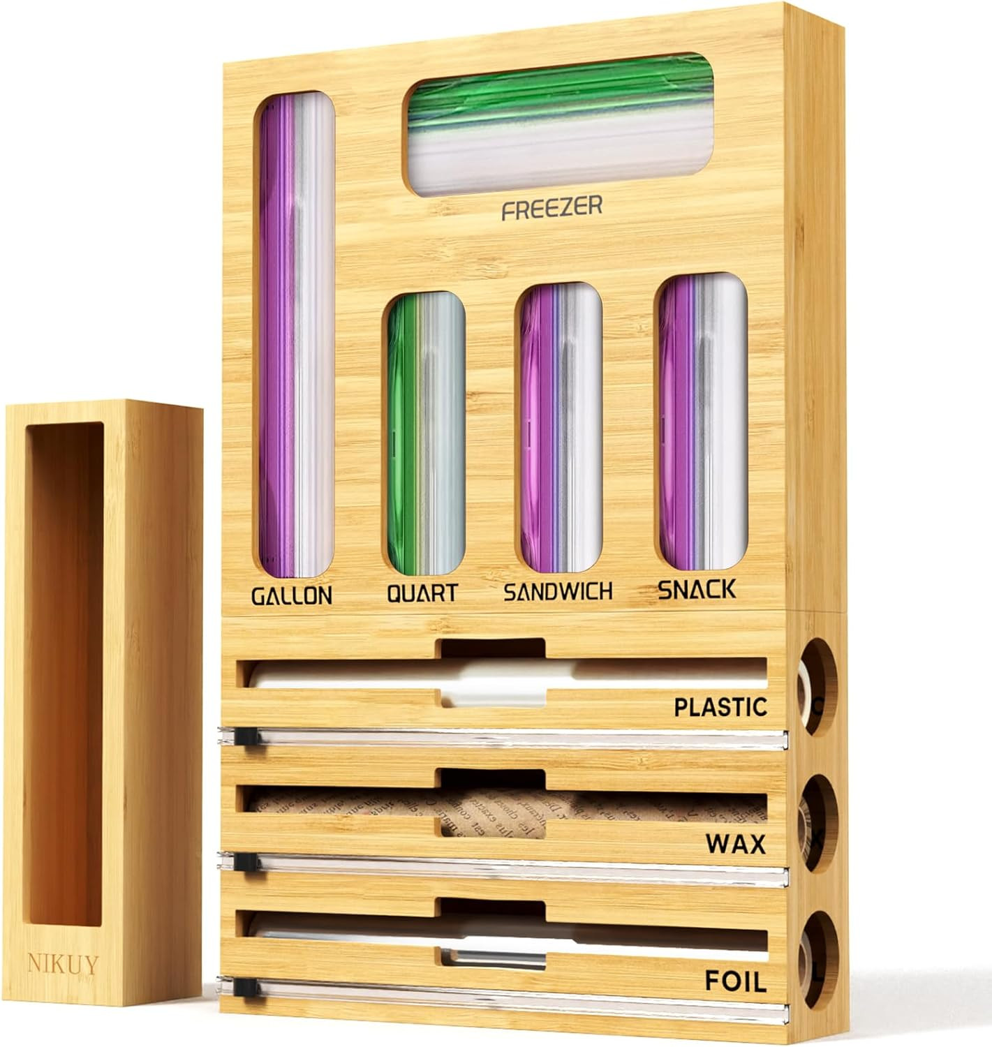 9 IN 1 Bamboo Foil and Plastic Wrap Organizer for Kitchen Drawer, Plastic Bag Organizer Organizat... | Amazon (US)
