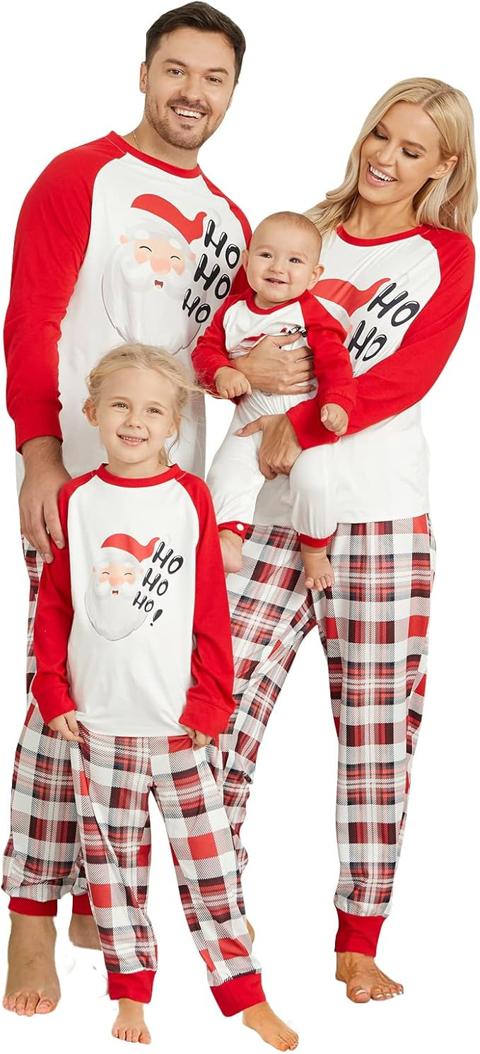 Honwenle Family Christmas Pjs Matching Sets Christmas Pajamas Santa Printed Top and Plaid Pants S... | Amazon (US)