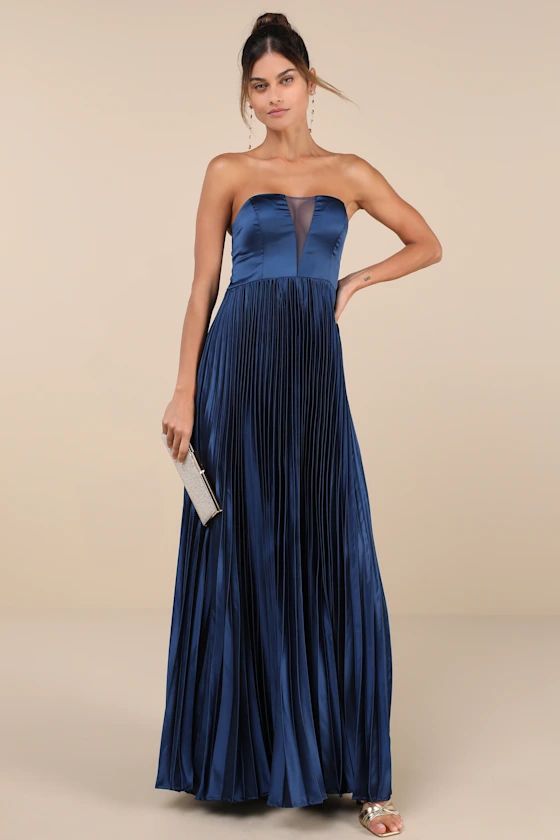 Perfected Elegance Navy Blue Satin Pleated Strapless Maxi Dress | Lulus