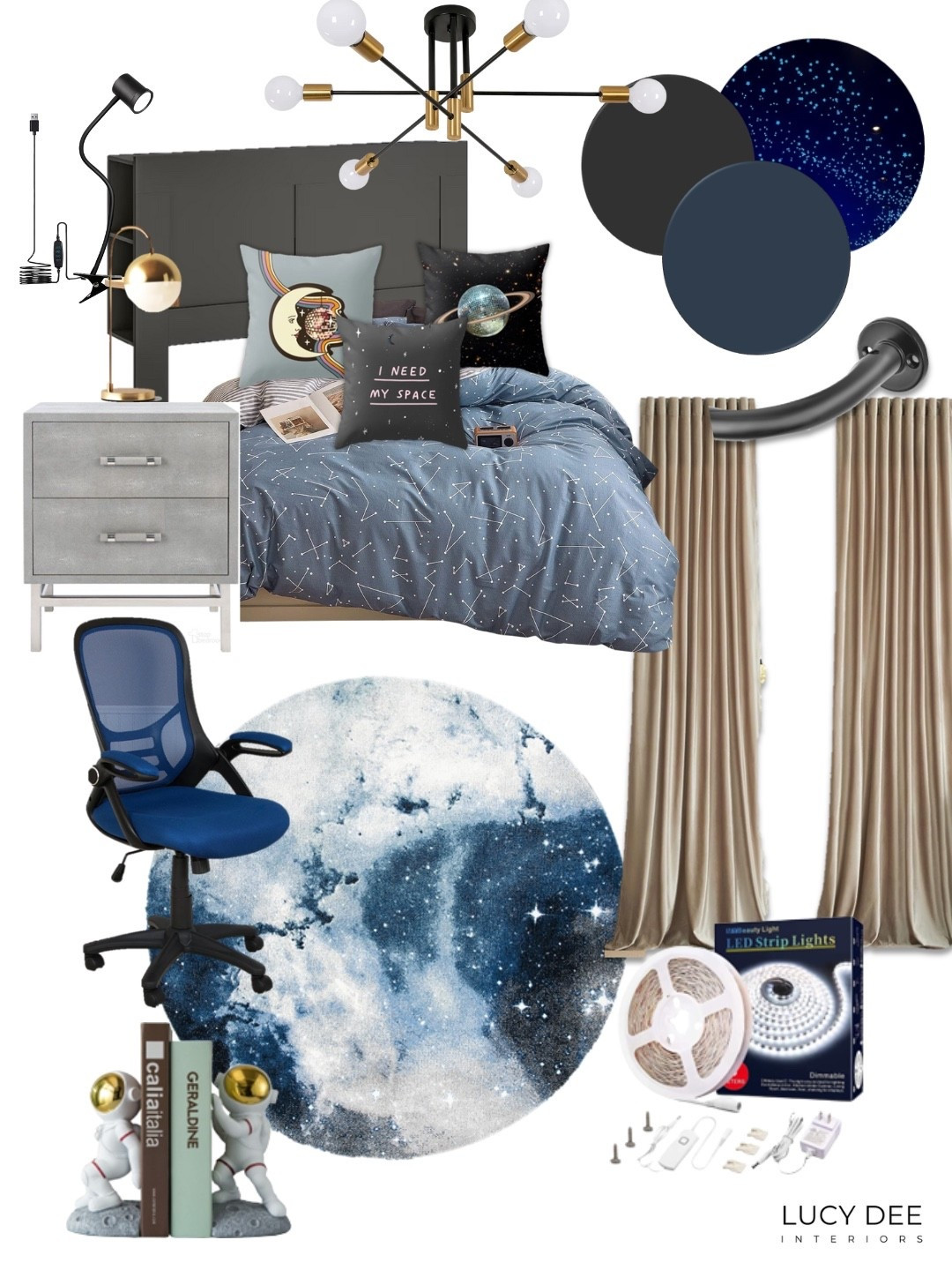 Dream big with this space themed bedroom design board, perfect for kids, teens or anyone who loves the galaxy ✨ Shop my curated finds to create a cozy starry night retreat. 

#LTKFindsUnder100 #LTKHome #LTKFindsUnder50