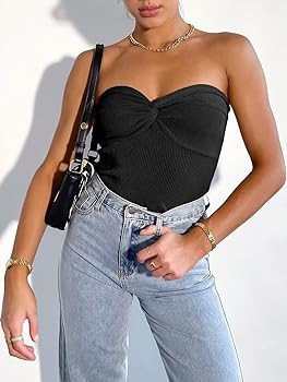 ANRABESS Women Strapless Crop Tube Top Sexy Ribbed Knit Twisted Knot Front Bandeau Y2K Corset Tan... | Amazon (US)