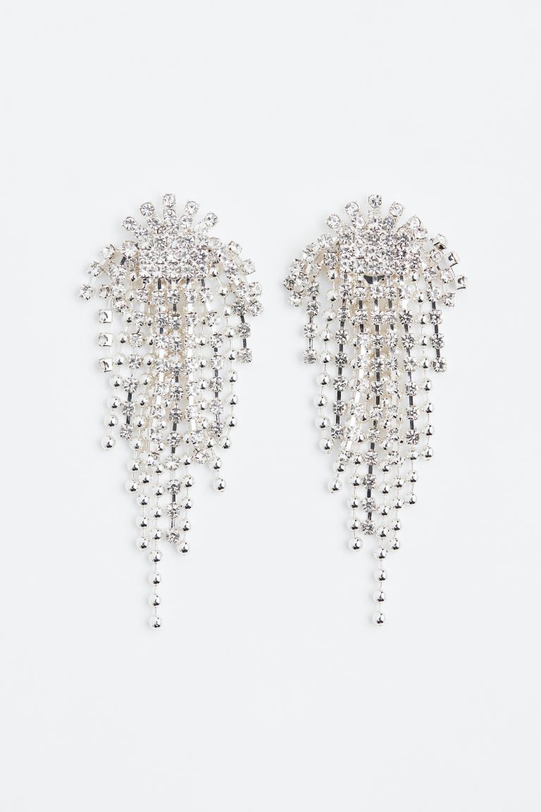 Long rhinestone earrings - Silver-coloured - Ladies | H&M GB | H&M (UK, MY, IN, SG, PH, TW, HK)