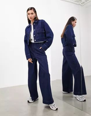 ASOS EDITION denim cropped jacket with pockets and wide leg jean in indigo blue | ASOS | ASOS (Global)