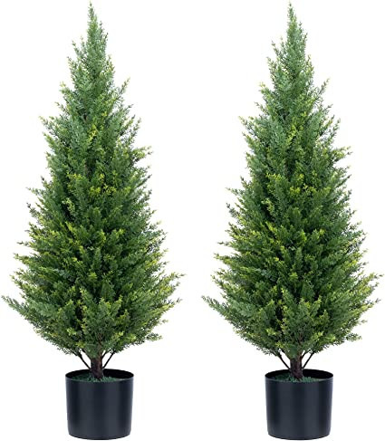 ECOLVANT Two 3 Foot Artificial Cedar Trees Indoor Outdoor UV Rated Potted Plants Artificial Topia... | Amazon (US)